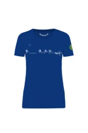Women's royal blue organic cotton t-shirt with Running artwork